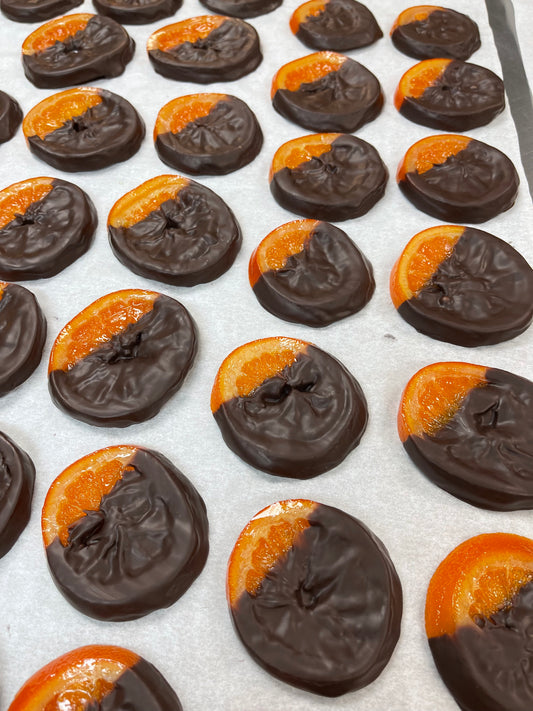 Glacé Orange Slices Dipped in Dark Chocolate